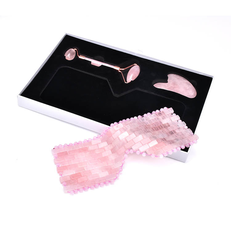 Rose Quartz Deluxe Gift Set (Gua Sha, Roller and Eye Mask)